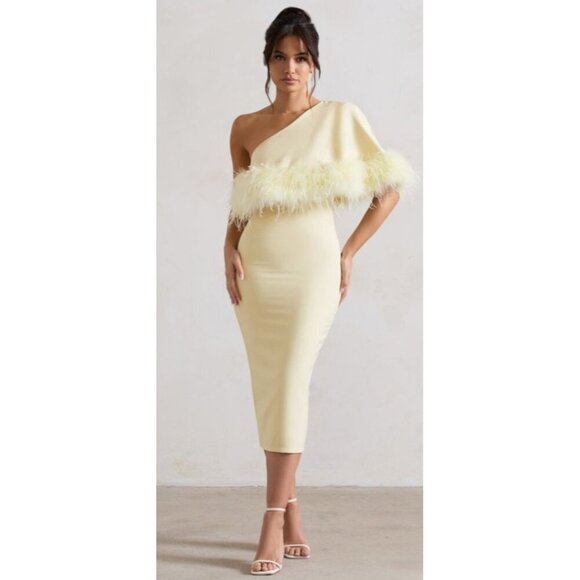 Club L London Dresses & Skirts - Club L London Victory | Lemon Asymmetric Midi Dress With Feather Trim Size US 8